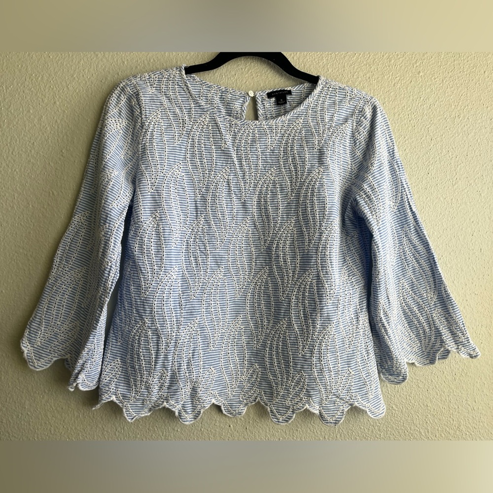 Ann Taylor Blue and White Mini Stripe Eyelet Leaf Blouse
